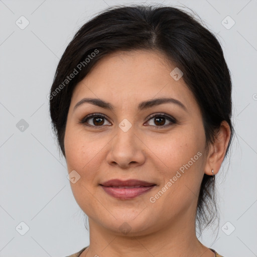 Joyful white young-adult female with medium  brown hair and brown eyes