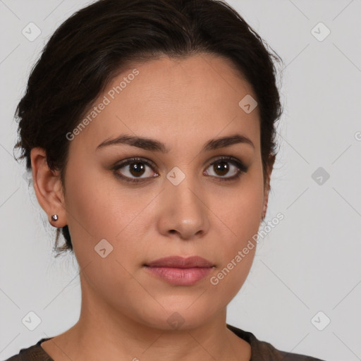 Neutral white young-adult female with medium  brown hair and brown eyes