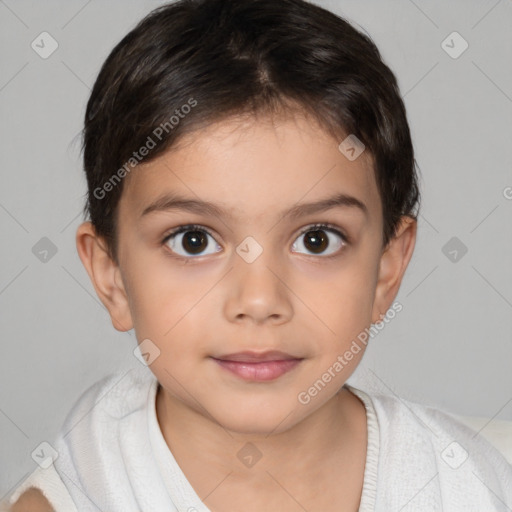 Joyful white child female with short  brown hair and brown eyes