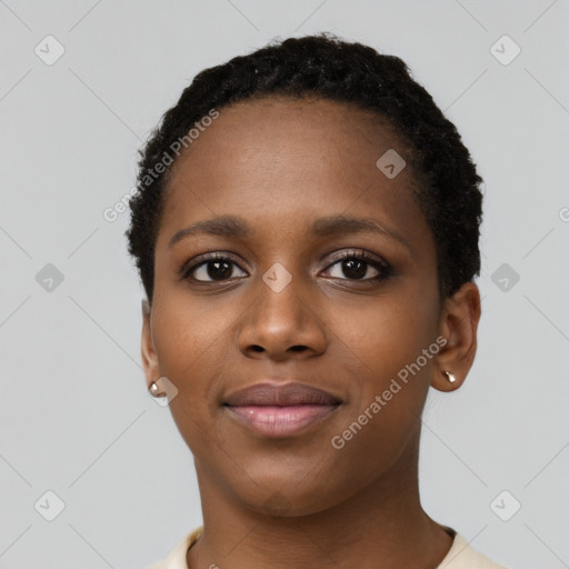 Neutral black young-adult female with short  black hair and brown eyes