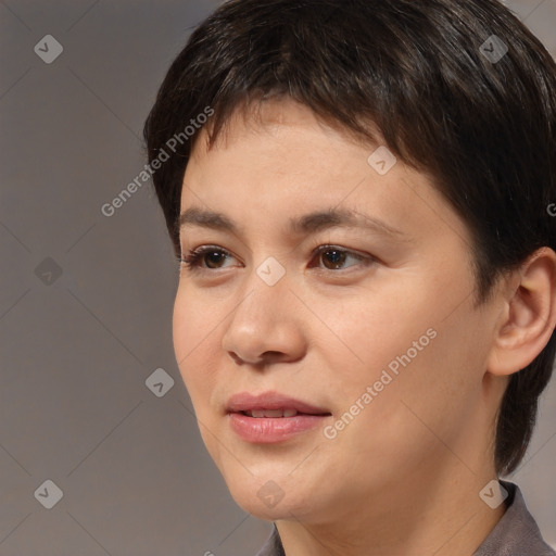 Joyful white young-adult female with short  brown hair and brown eyes