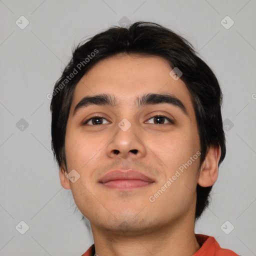 Neutral asian young-adult male with short  black hair and brown eyes