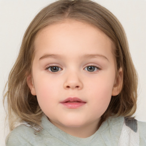 Neutral white child female with medium  brown hair and blue eyes