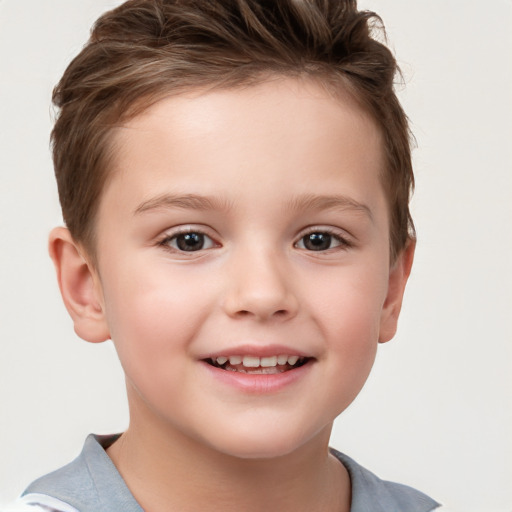 Joyful white child female with short  brown hair and brown eyes