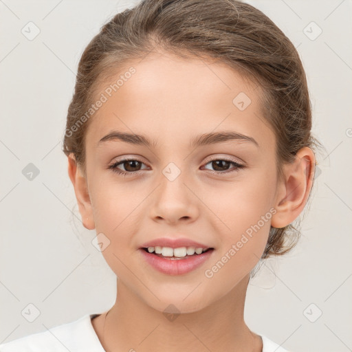 Joyful white child female with medium  brown hair and brown eyes