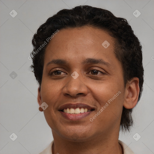 Joyful latino young-adult female with short  brown hair and brown eyes