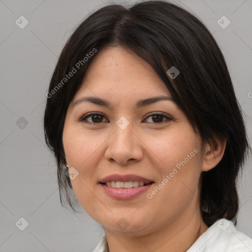 Joyful white adult female with medium  brown hair and brown eyes