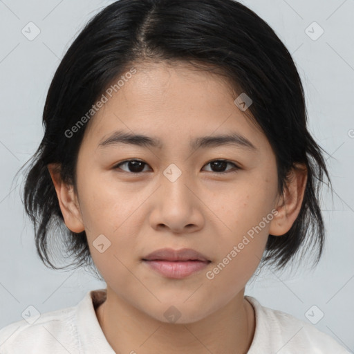 Neutral asian young-adult female with medium  brown hair and brown eyes