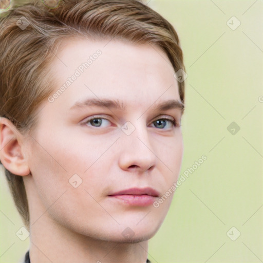 Neutral white young-adult male with short  brown hair and grey eyes