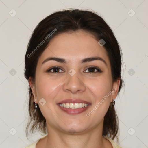 Joyful white young-adult female with medium  brown hair and brown eyes