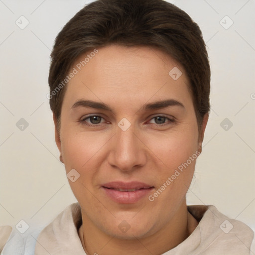 Joyful white young-adult female with short  brown hair and brown eyes