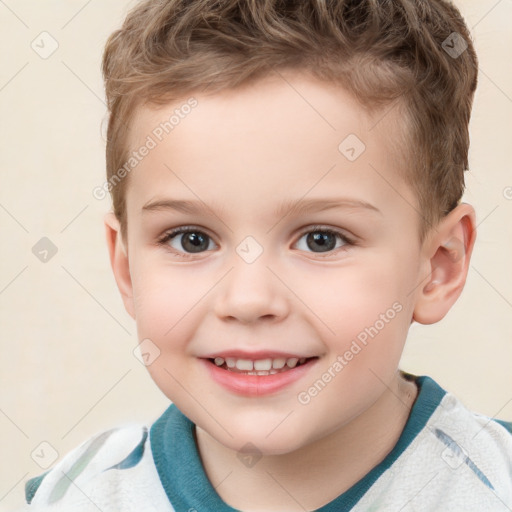 Joyful white child male with short  brown hair and brown eyes