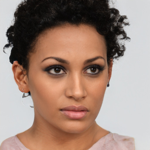 Neutral latino young-adult female with short  brown hair and brown eyes