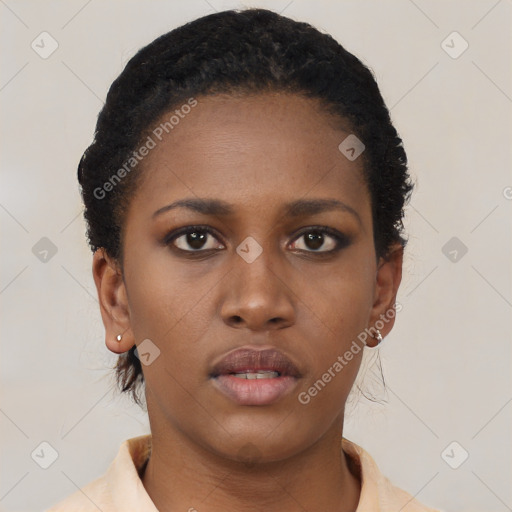 Neutral black young-adult female with short  brown hair and brown eyes