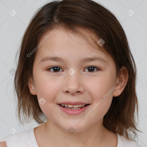 Joyful white child female with medium  brown hair and brown eyes