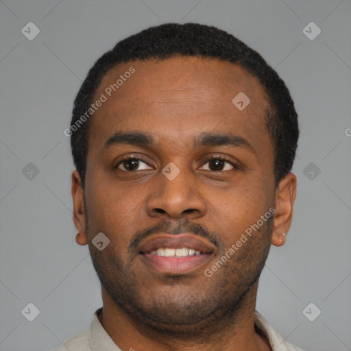 Neutral latino young-adult male with short  brown hair and brown eyes
