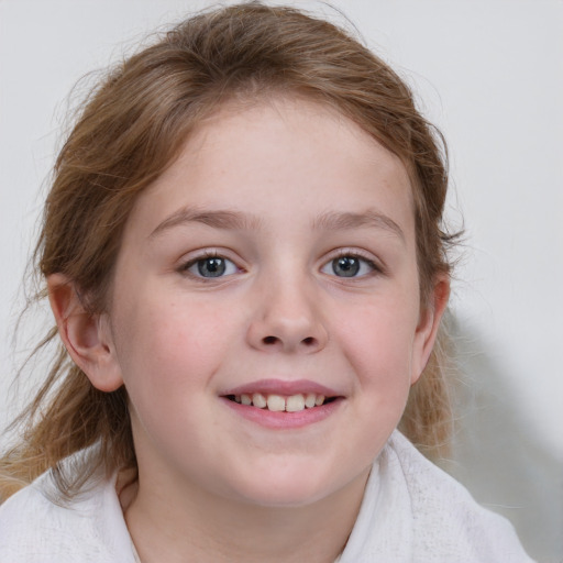 Joyful white child female with medium  brown hair and blue eyes