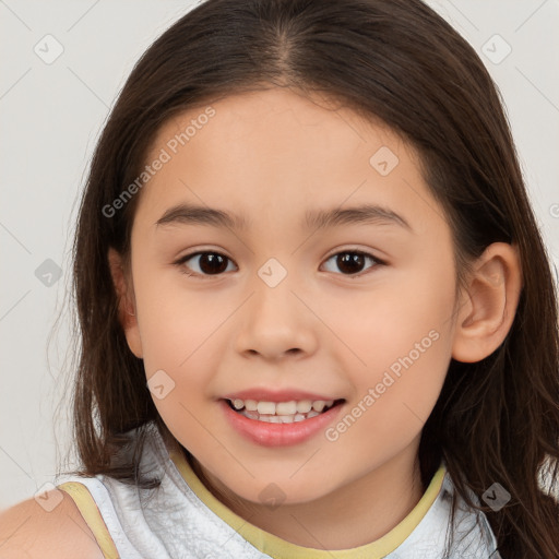 Joyful white child female with medium  brown hair and brown eyes