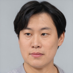 Neutral asian adult male with short  brown hair and brown eyes