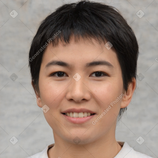 Joyful asian young-adult female with short  brown hair and brown eyes