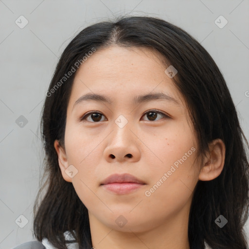 Neutral asian young-adult female with medium  brown hair and brown eyes