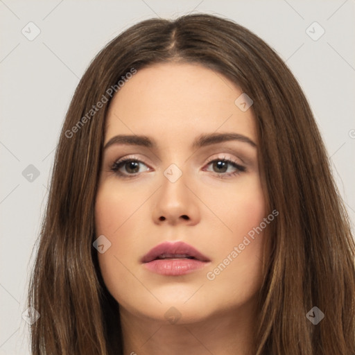 Neutral white young-adult female with long  brown hair and brown eyes