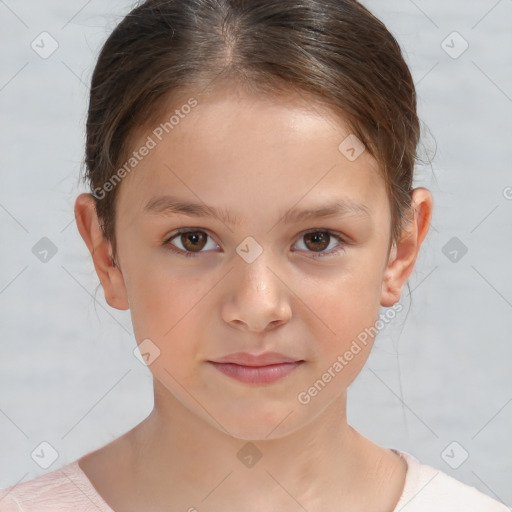 Joyful white child female with short  brown hair and brown eyes