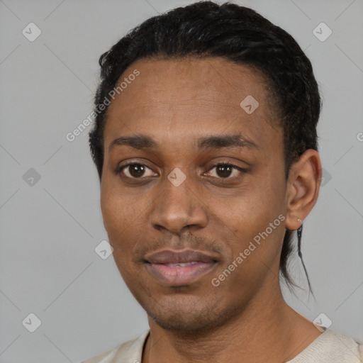 Neutral black young-adult male with short  black hair and brown eyes