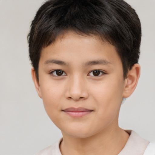 Joyful white child male with short  brown hair and brown eyes