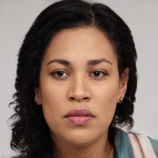 Neutral asian young-adult female with long  black hair and brown eyes