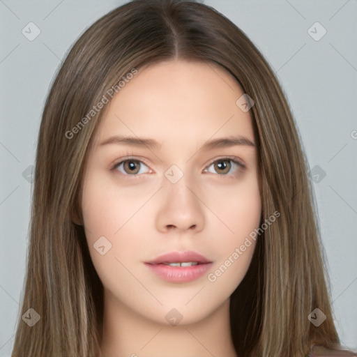 Neutral white young-adult female with long  brown hair and brown eyes