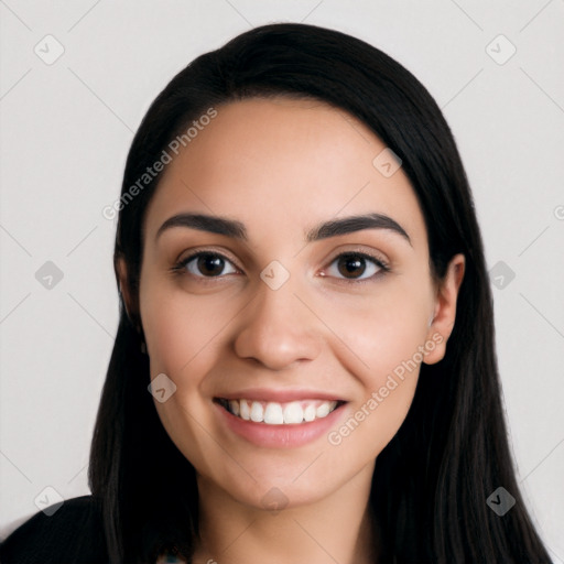 Joyful white young-adult female with long  black hair and brown eyes