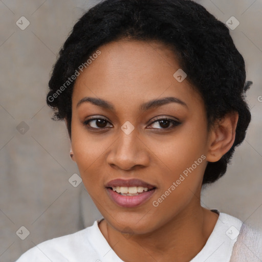 Joyful latino young-adult female with short  black hair and brown eyes