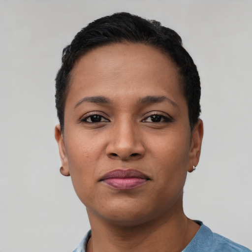 Neutral black young-adult female with short  black hair and brown eyes