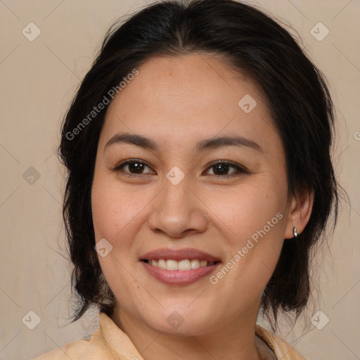 Joyful white young-adult female with medium  brown hair and brown eyes