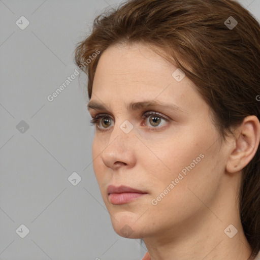 Neutral white young-adult female with medium  brown hair and brown eyes