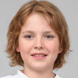 Joyful white child female with medium  brown hair and brown eyes