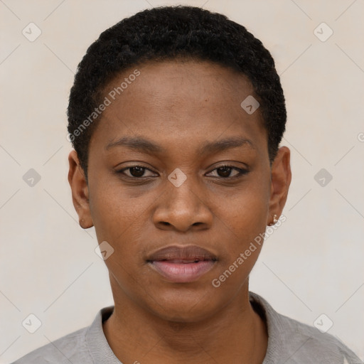 Neutral black young-adult female with short  black hair and brown eyes