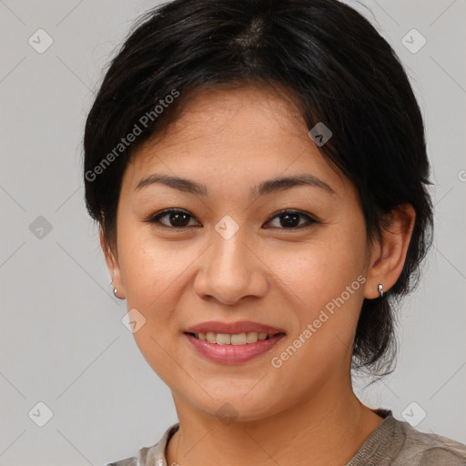 Joyful white young-adult female with medium  brown hair and brown eyes