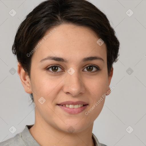 Joyful white young-adult female with short  brown hair and grey eyes