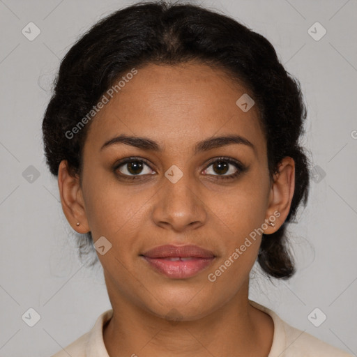 Joyful latino young-adult female with short  brown hair and brown eyes