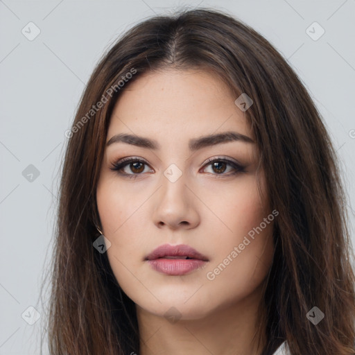 Neutral white young-adult female with long  brown hair and brown eyes