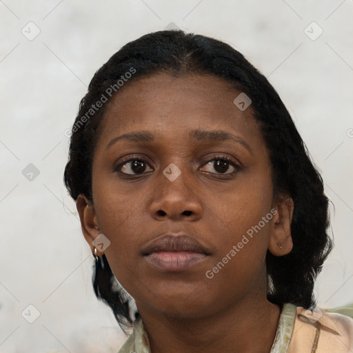 Neutral black young-adult female with medium  black hair and brown eyes