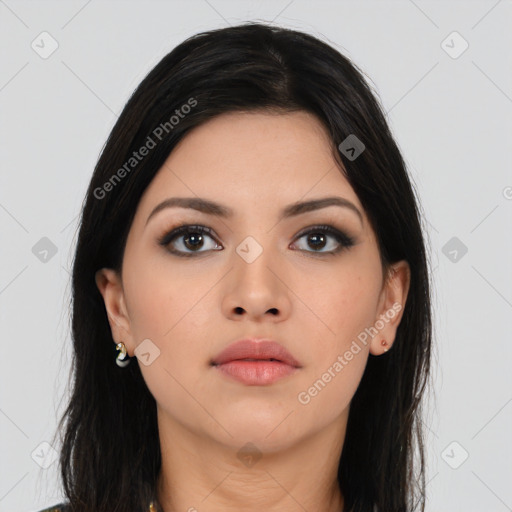 Neutral asian young-adult female with medium  black hair and brown eyes