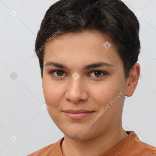 Joyful white young-adult female with short  brown hair and brown eyes