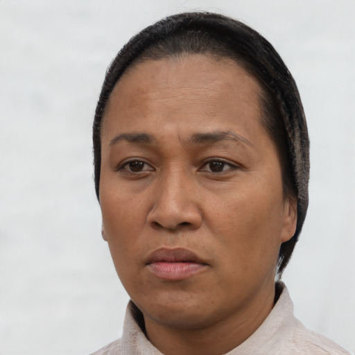 Neutral latino adult female with short  black hair and brown eyes