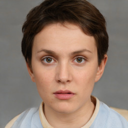 Neutral white young-adult female with short  brown hair and brown eyes