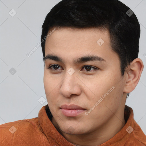 Neutral asian young-adult male with short  brown hair and brown eyes