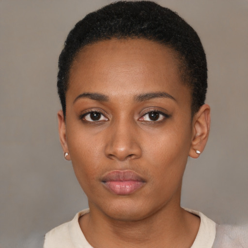 Neutral latino young-adult female with short  black hair and brown eyes