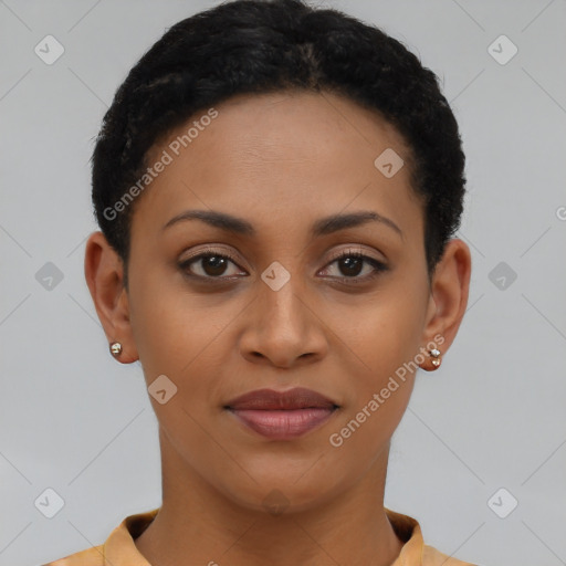 Joyful latino young-adult female with short  brown hair and brown eyes